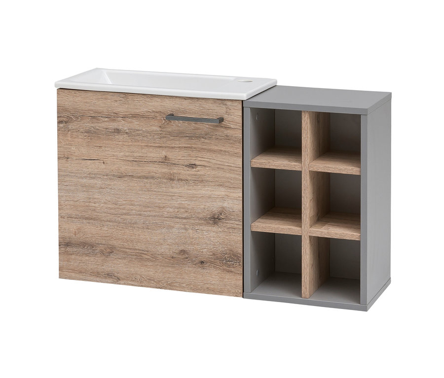 Gästebad-Set »Pablo« mit Waschtischunterschrank in Holzdekor und grauem Regal.