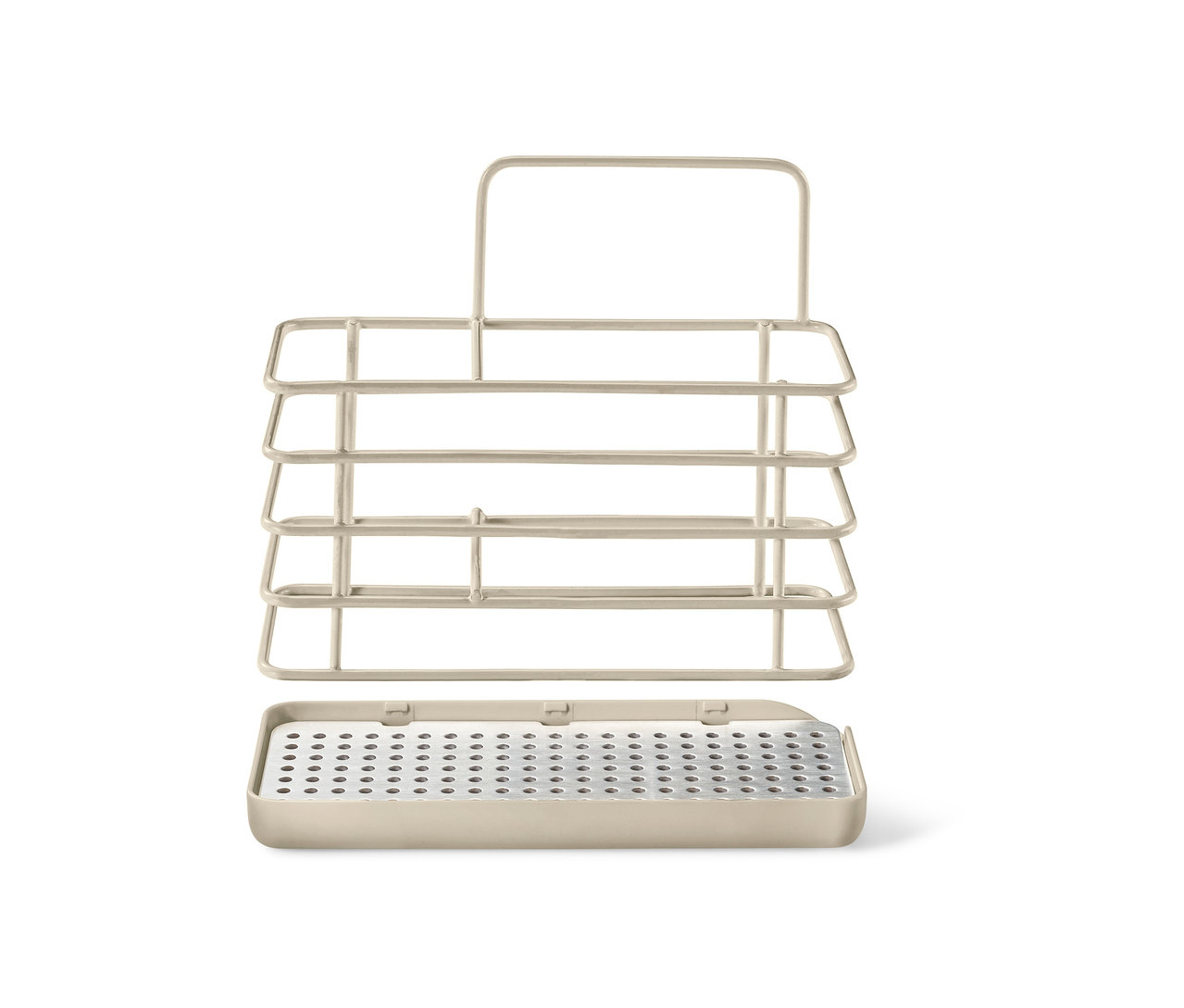 Ein Spülutensilienständer aus Metall.