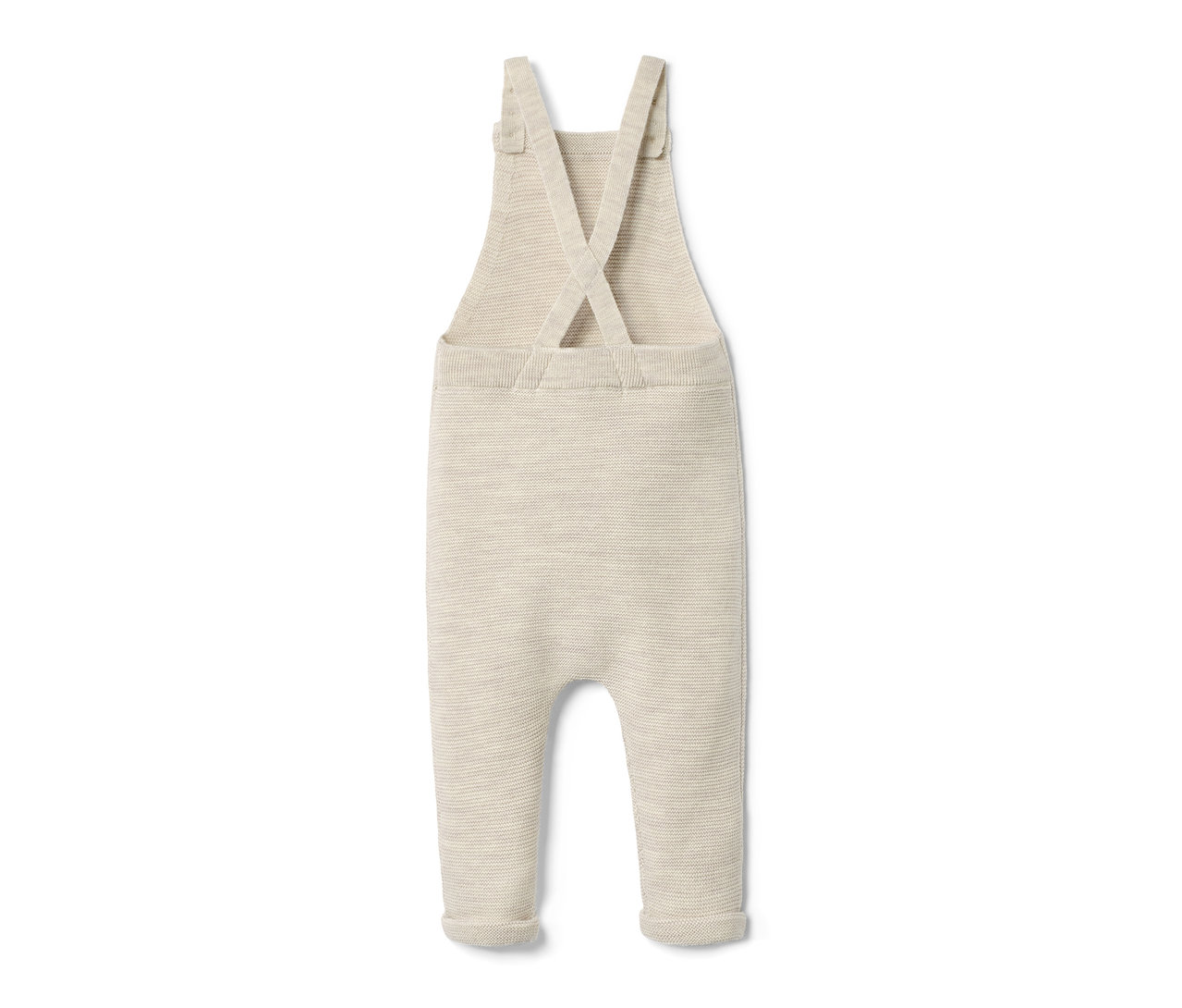 Beige Latzhose aus RWS-Wolle auf weißem Hintergrund.