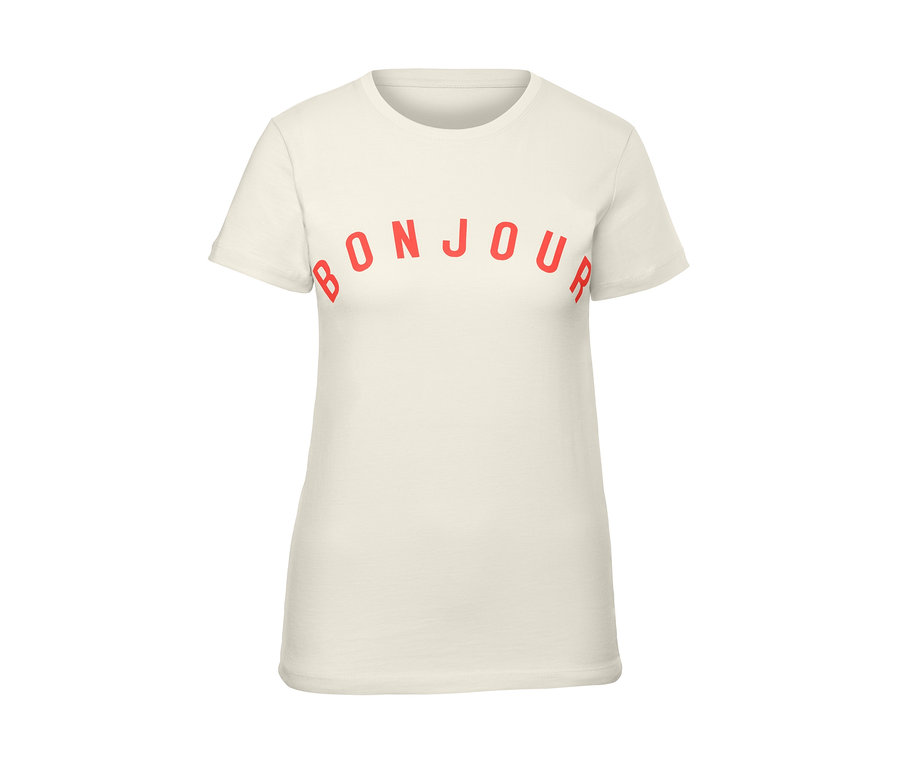 Weißes T-Shirt mit rotem Aufdruck T-Shirt mit Print.
