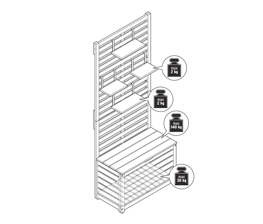 Skizze einer Balkon-Sichtschutzbank mit Stauraum und Regalen.