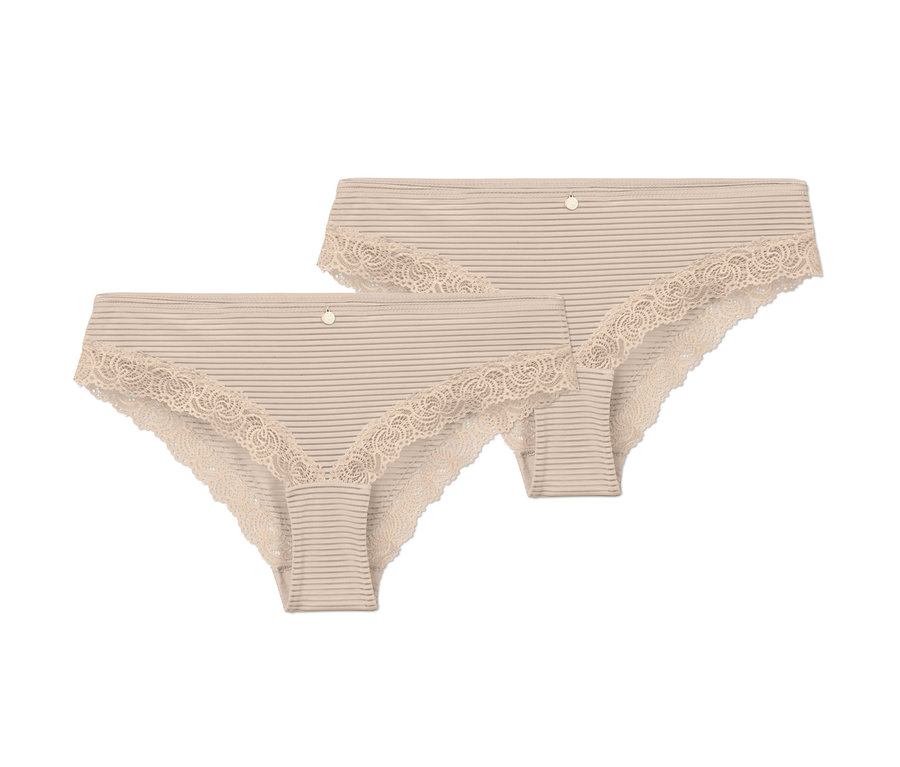 Zwei beige Brazil-Slips mit Streifen und Spitze.