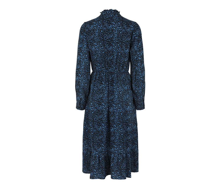 Blaues Hemdblusenkleid mit langen Ärmeln und Muster.