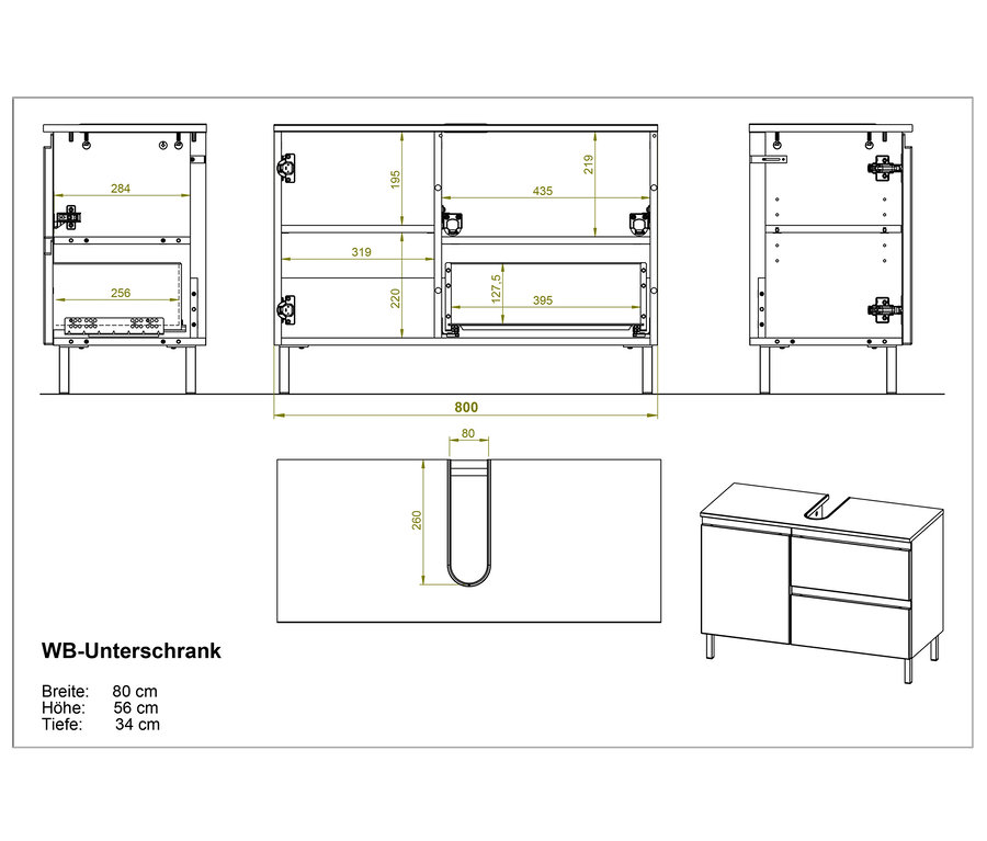 Technische Zeichnung eines Waschbecken-Unterschranks »Torrance«, groß.