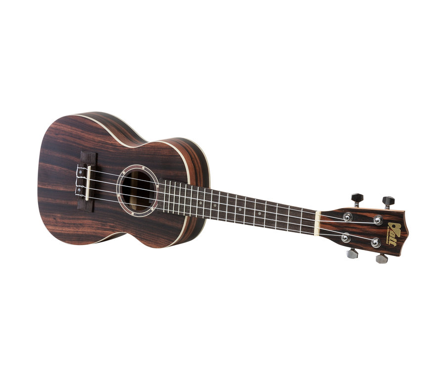 Nahaufnahme eines Voggenreiter VOLT-Concerto-Ukulelen-Sets mit braunem Holzkörper und weißen Saiten.