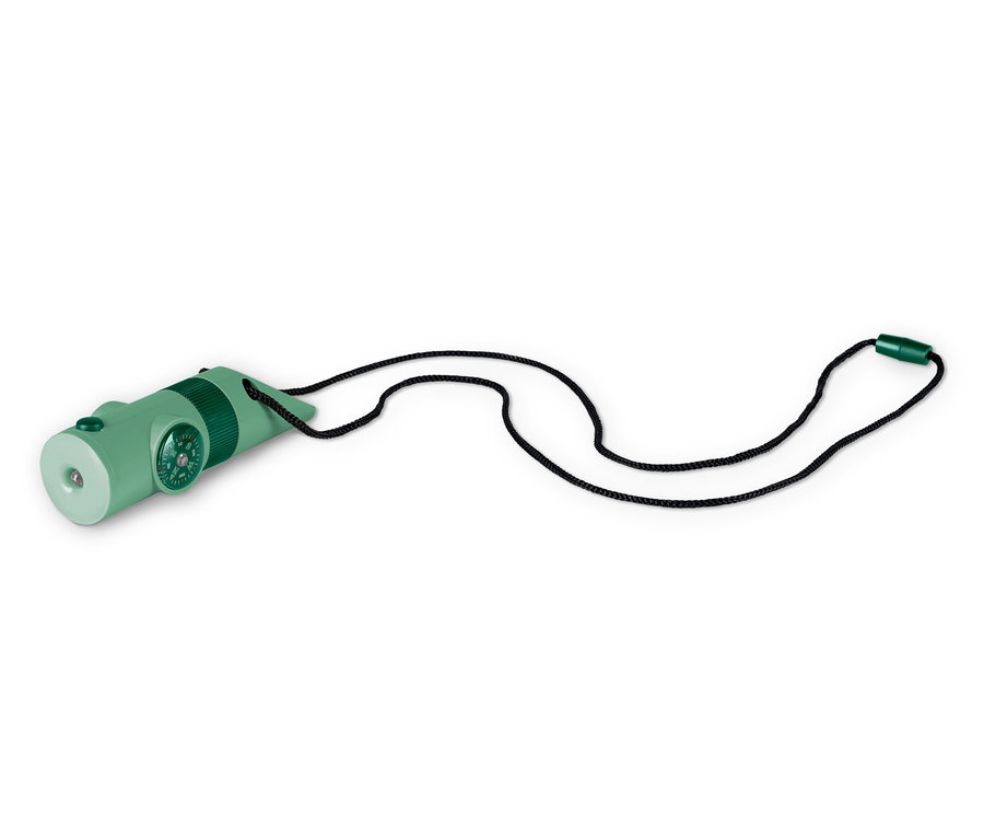 Ein grünes, kompaktes 7-in-1-Outdoor-Tool mit Kompass und schwarzer Kordel liegt auf einem weißen Hintergrund.