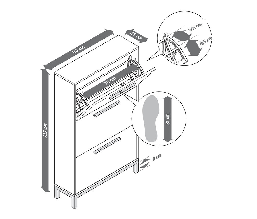 Abbildung eines Schuhschrank-Kippers »Eklund« mit 3 Fächern und Abmessungen.