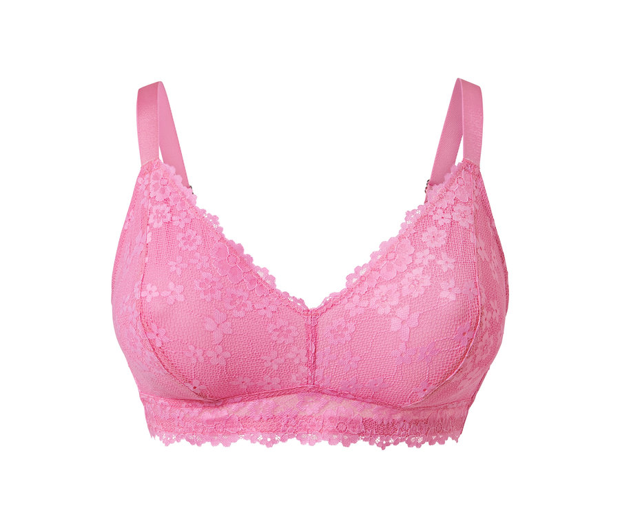 Detailaufnahme eines rosafarbenen Soft-BHs mit Blumenspitze.
