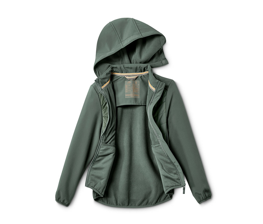 Eine offene, grüne Hybridjacke mit Kapuze liegt auf einem weißen Hintergrund.