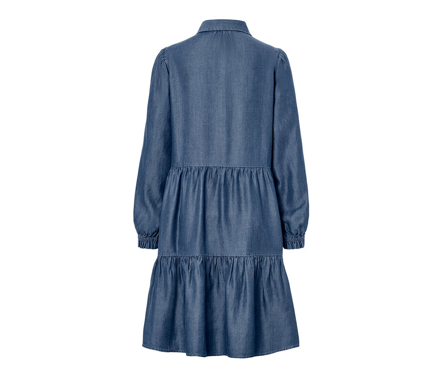Rückansicht eines Jeanskleids mit Puffärmeln.