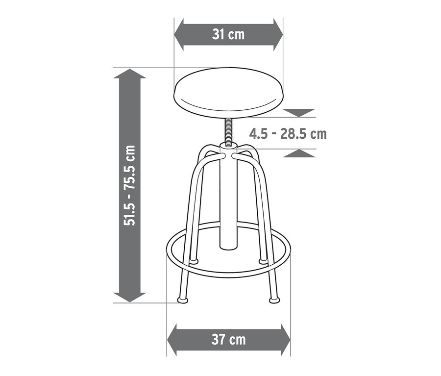 Illustration eines höhenverstellbaren Barhockers mit Maßangaben.