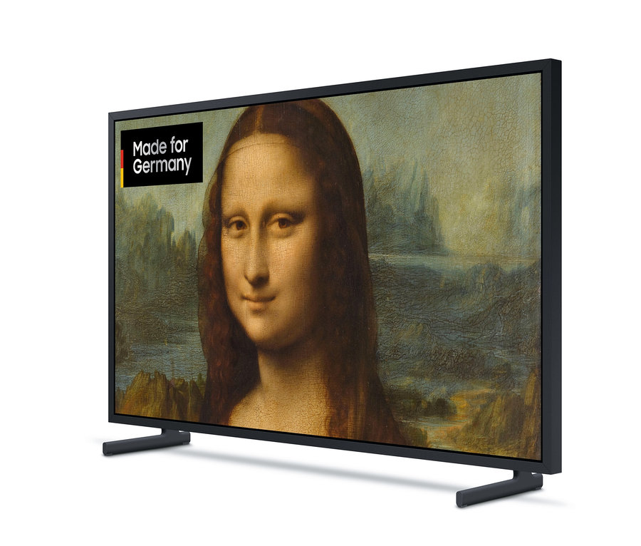 Schwarzer Samsung »The Frame (2022)« GQLS03BBUXZG QLED TV zeigt ein Gemälde der Mona Lisa.