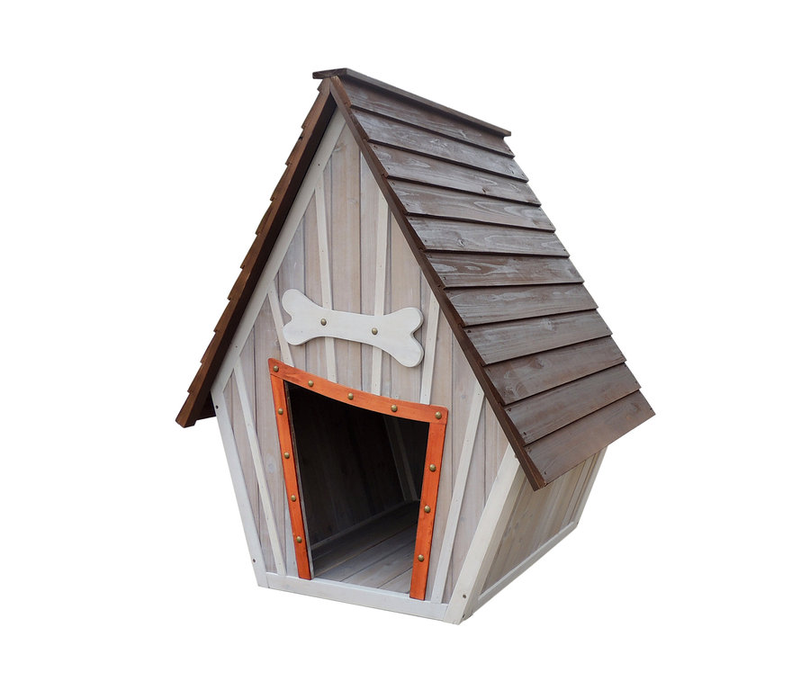 Dobar-Hundehütte aus Holz mit braunem Dach und Knochen über dem orangefarbenen Eingang.