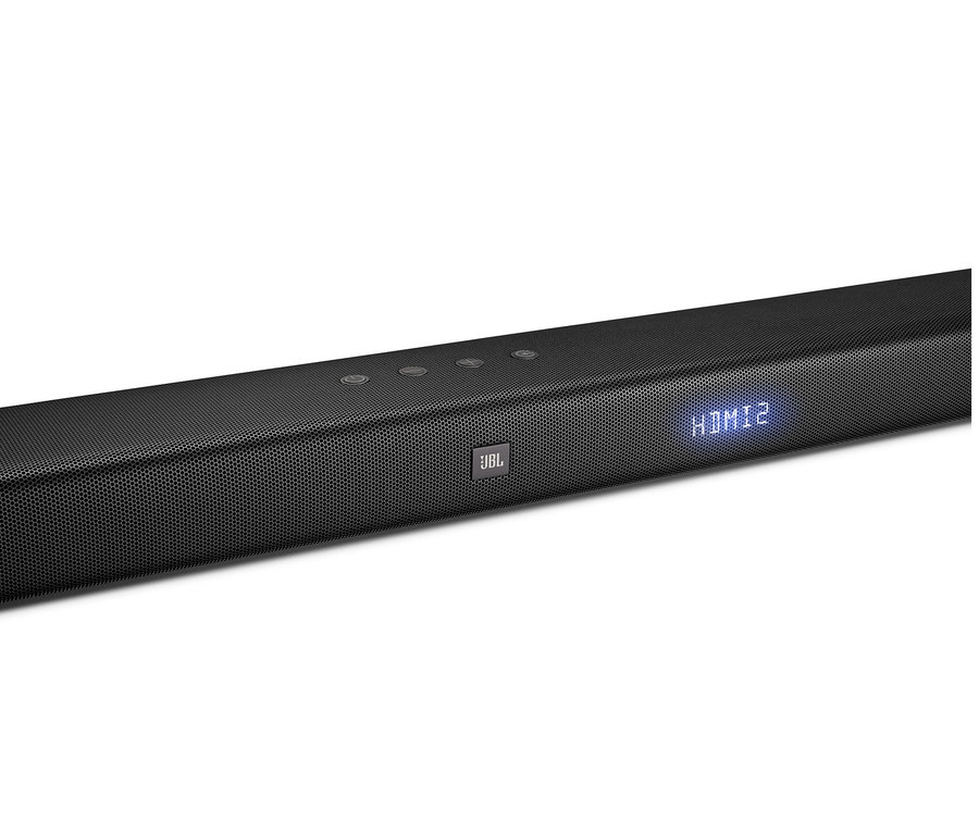 Detailansicht der schwarzen JBL BAR 5.1 Soundbar mit der Aufschrift HDMI2.