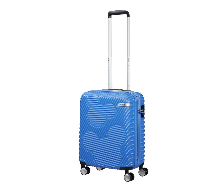 Blauer American Tourister »Mickey Clouds« Spinner mit ausgezogenem Griff.