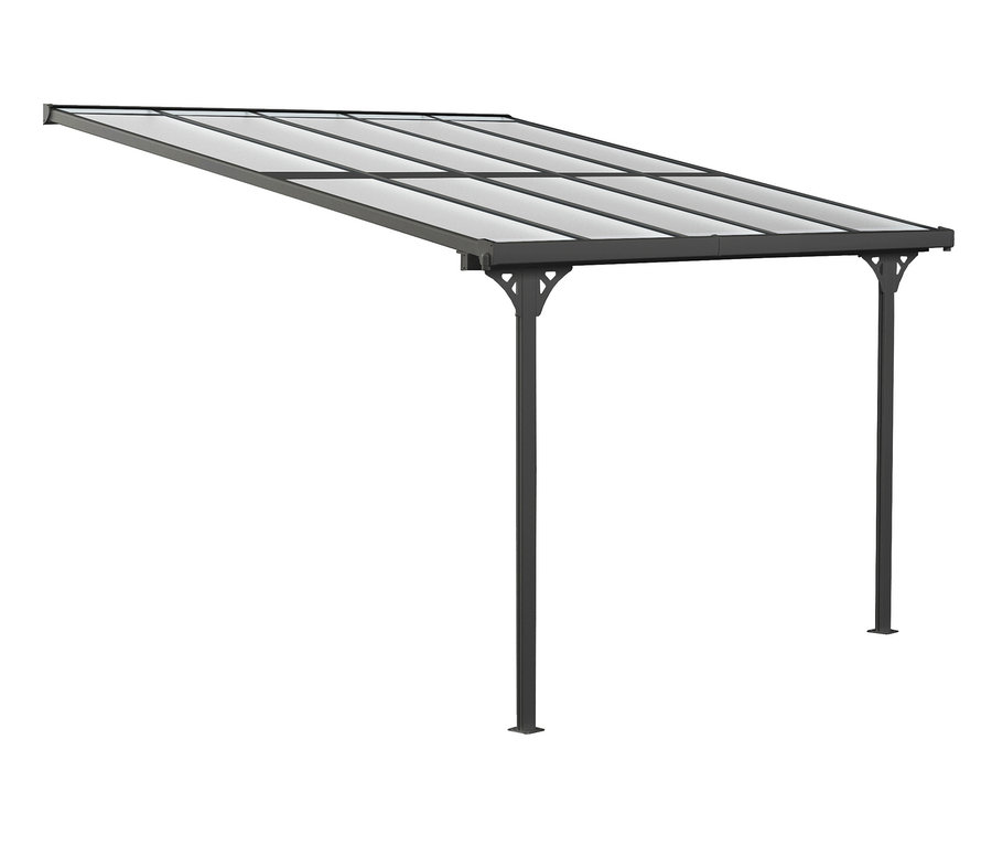 Eine anthrazitfarbene Terrassenüberdachung mit einer Breite von ca. 313 cm.
