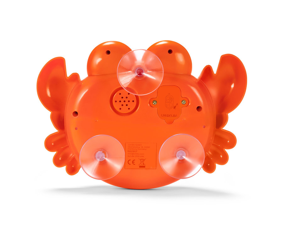 Detailansicht der orangefarbenen Badespielzeug Seifenblasen-Krabbe mit Saugnäpfen.