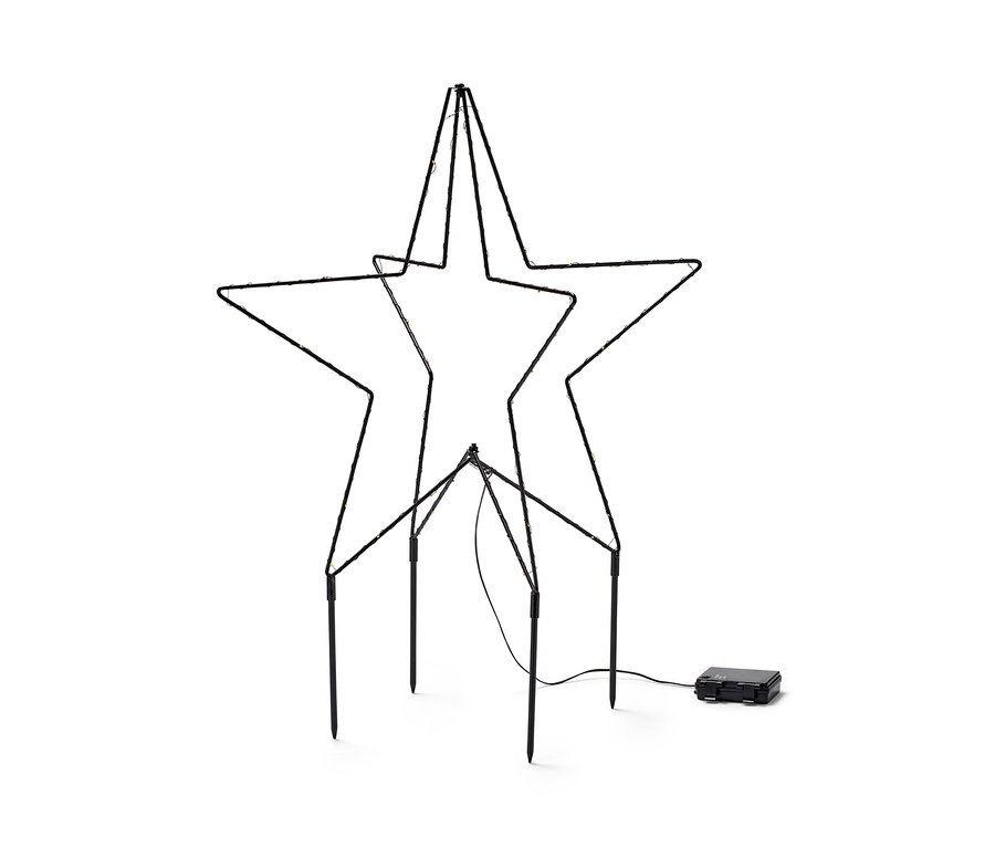 Ein LED-Outdoor-Stern aus Metall steht auf einem weißen Hintergrund.