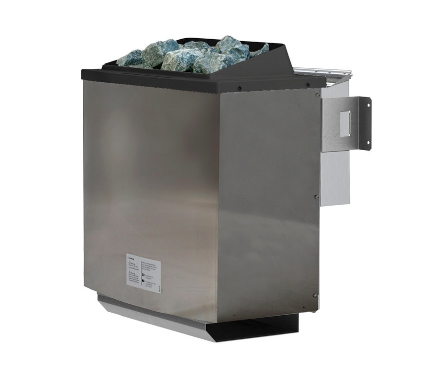 Detailaufnahme eines Saunaofens mit Lavasteinen oben drauf.