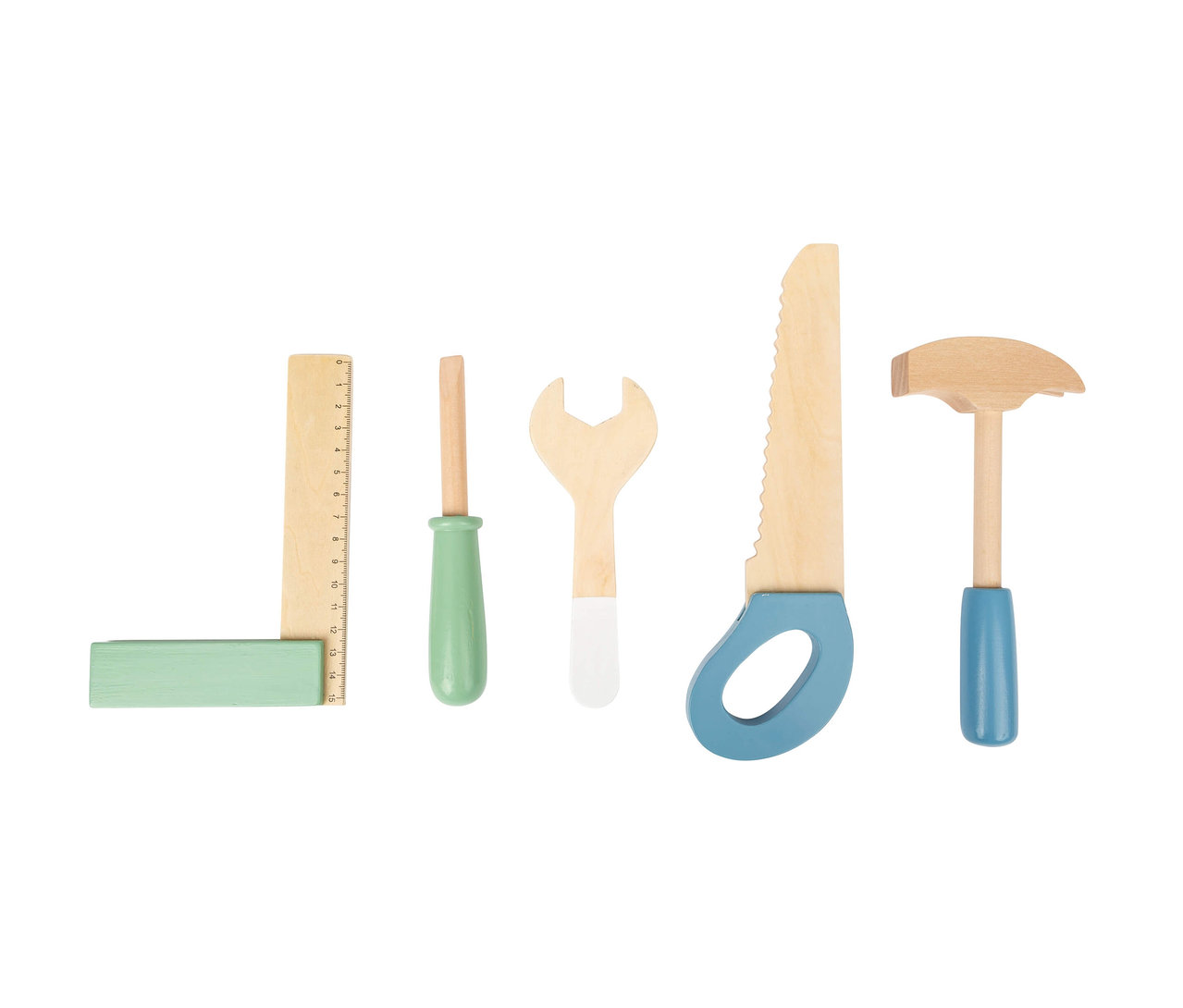Holzspielzeug auf weißem Hintergrund. Enthält: Winkel, Schraubendreher, Schraubenschlüssel, Säge und Hammer. small foot Werkbank kompakt »Nordic«