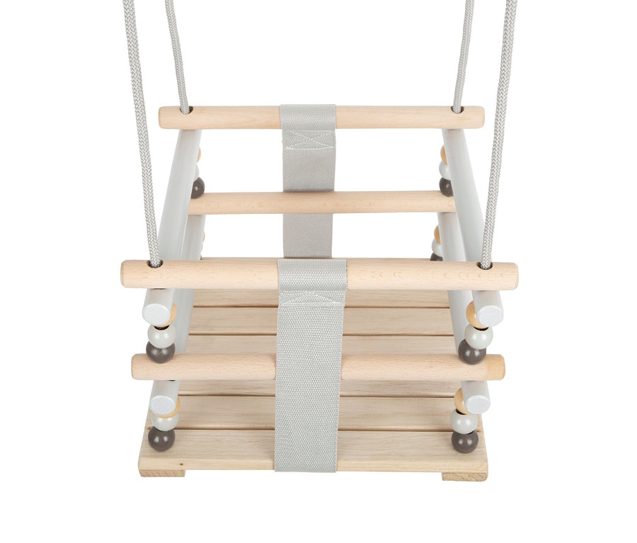 Detailaufnahme der small foot Kleinkinderschaukel »Skandi« aus Naturholz mit grauen Akzenten.