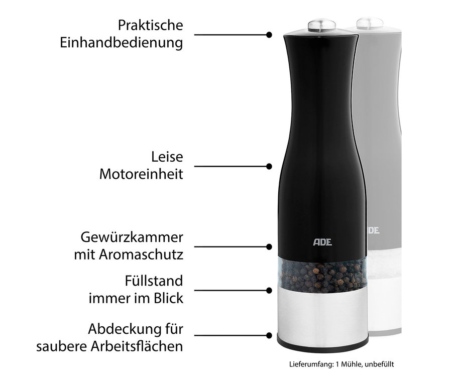 Abbildung einer schwarzen, elektrischen Salz- und Pfeffermühle mit Beleuchtung von ADE.