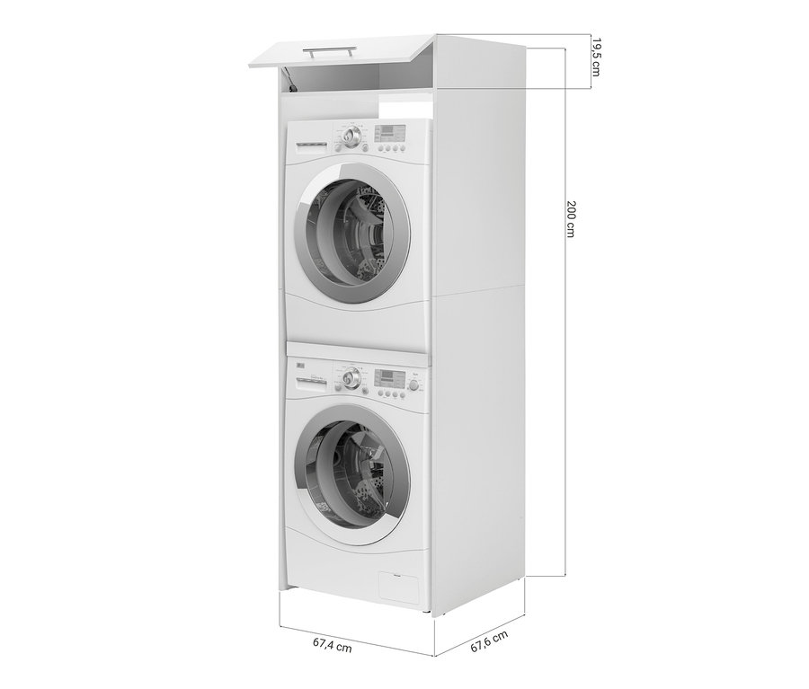 Eine Waschmaschine und ein Trockner stehen übereinander, umgeben von einem weißen Respekta Waschmaschinenschrank.