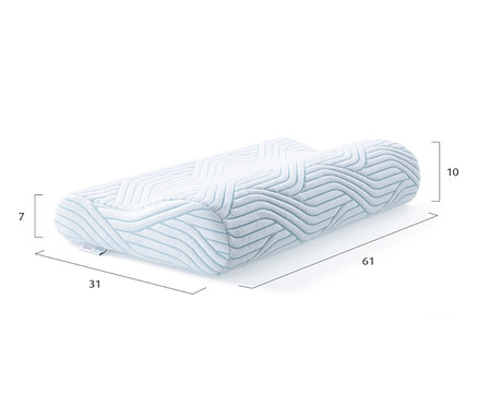 TEMPUR® Shape Queen SmartCool™ Schlafkissen M mit blauen Maßen auf weißem Hintergrund.