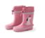 Rosa Gummistiefel mit Hund.
