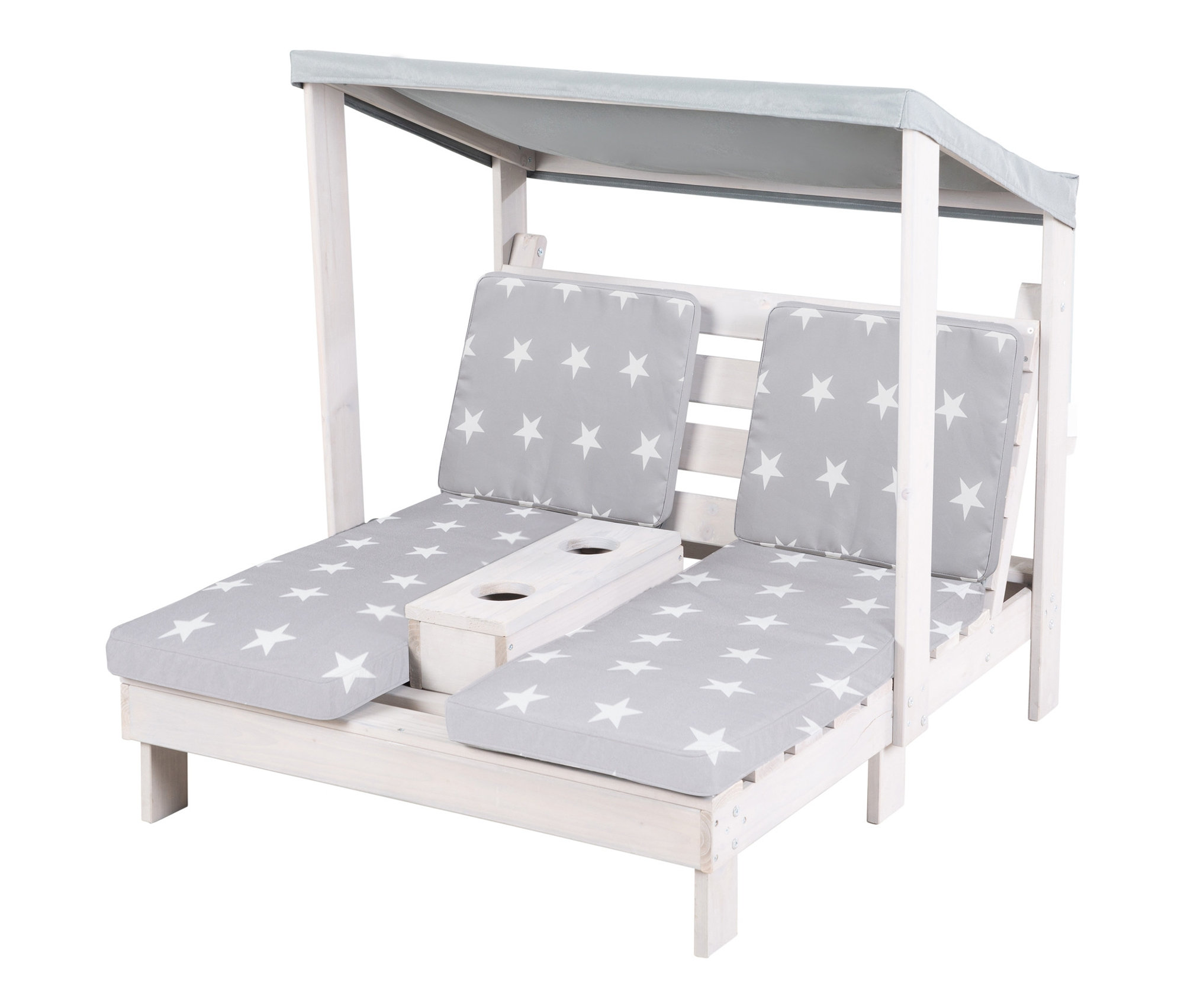 roba 2er-Gartenliege für Kinder mit grauen Kissen und weißen Sternen.