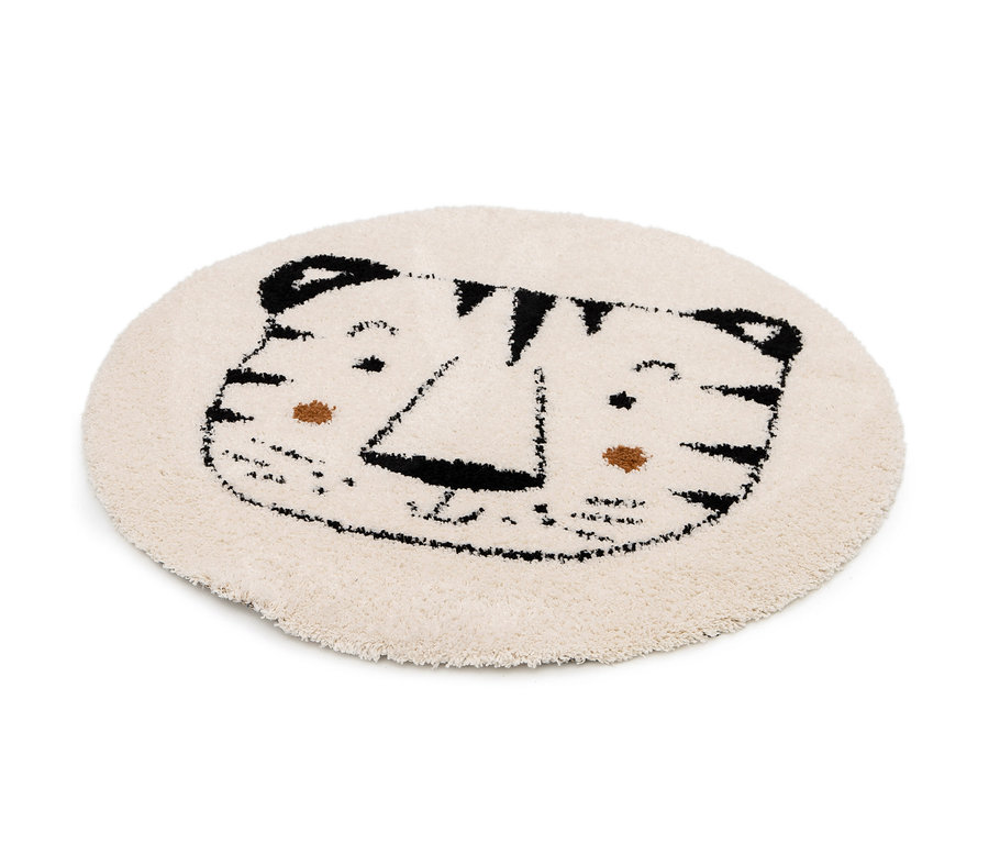 Ein runder Kinderteppich NOMAD Tiger, Ø ca. 135 cm, liegt auf dem Boden.