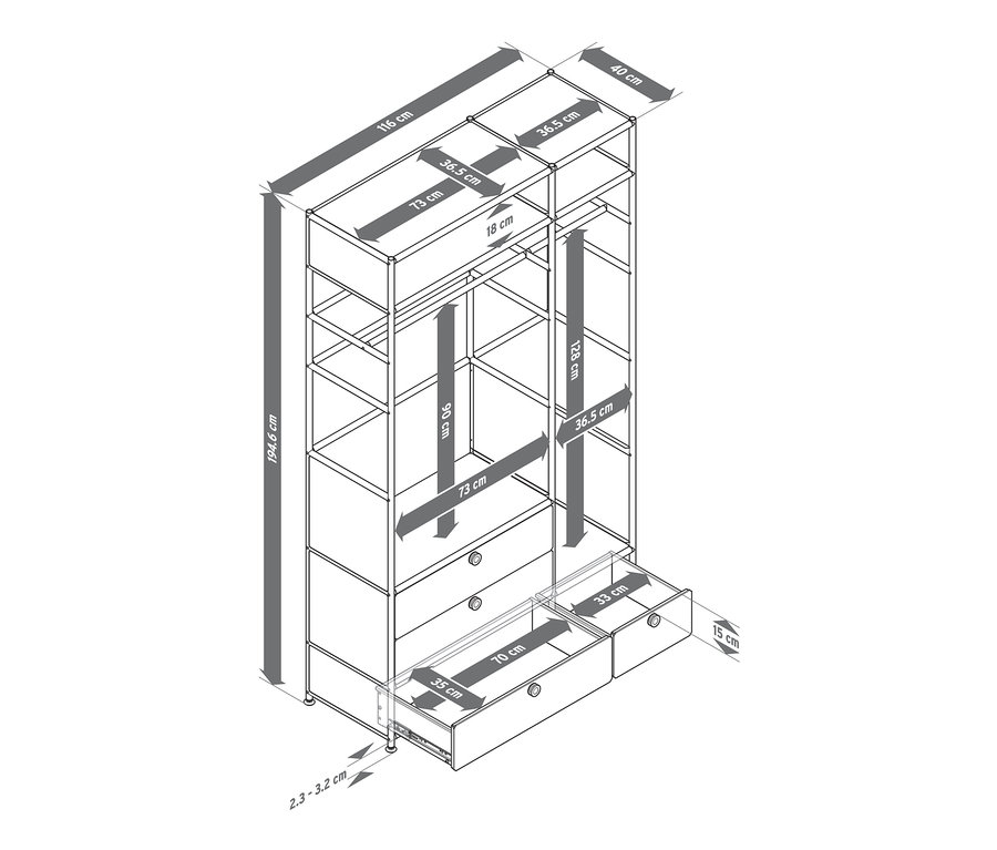 Abbildung einer Kommode Metall »CN3« mit 2 Kleiderstangen und 4 Schubladen mit den dazugehörigen Maßen.