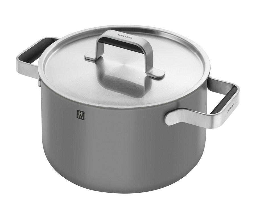 Grauer ZWILLING PURE Kochtopf aus Edelstahl mit Deckel aus dem 5-teiligen Kochgeschirr-Set.