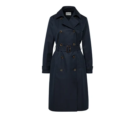 Dunkelblauer Trenchcoat mit Gürtel und Knöpfen.