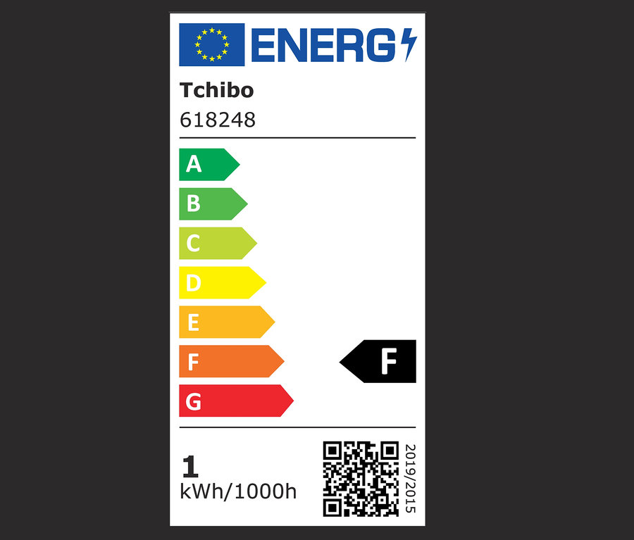 Energielabel mit Energieeffizienzklassen von A bis G, wobei das Produkt in die Kategorie F fällt.