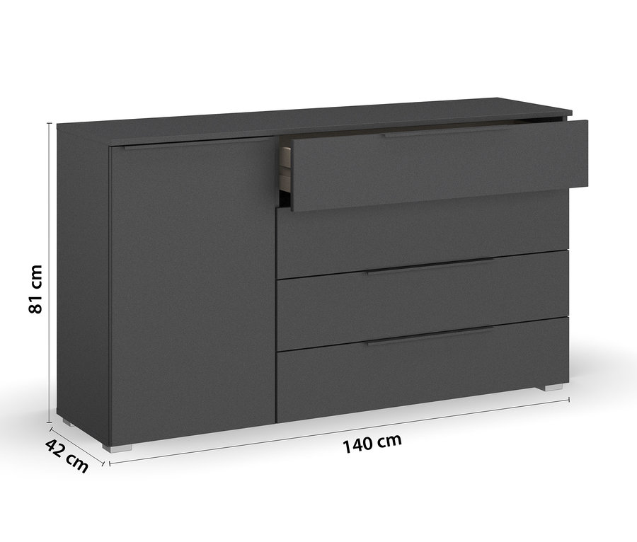 Graue Kommode »Monostar« mit einer Tür und Schubladen, wobei eine Schublade geöffnet ist.