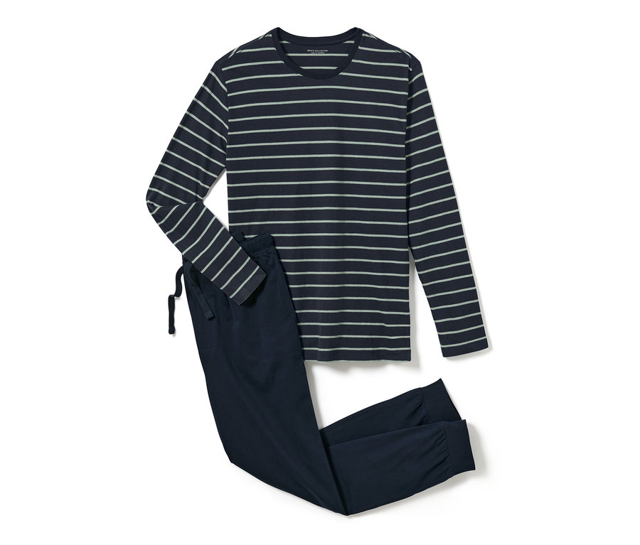 Gestreifter Pyjama mit langen Ärmeln und Hosen.