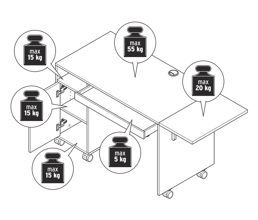 Illustration eines Multifunktionstisches mit erweiterbarer Tischplatte und maximalen Belastungsgrenzen.