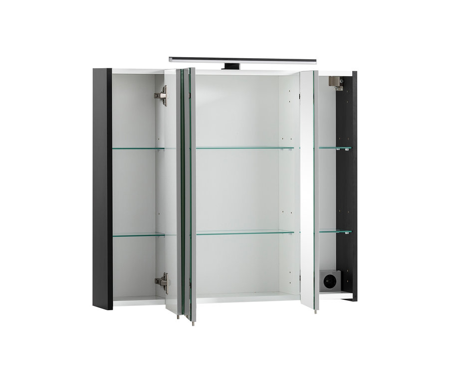 Offener Spiegelschrank „Malte“ mit Beleuchtung und Glasböden.