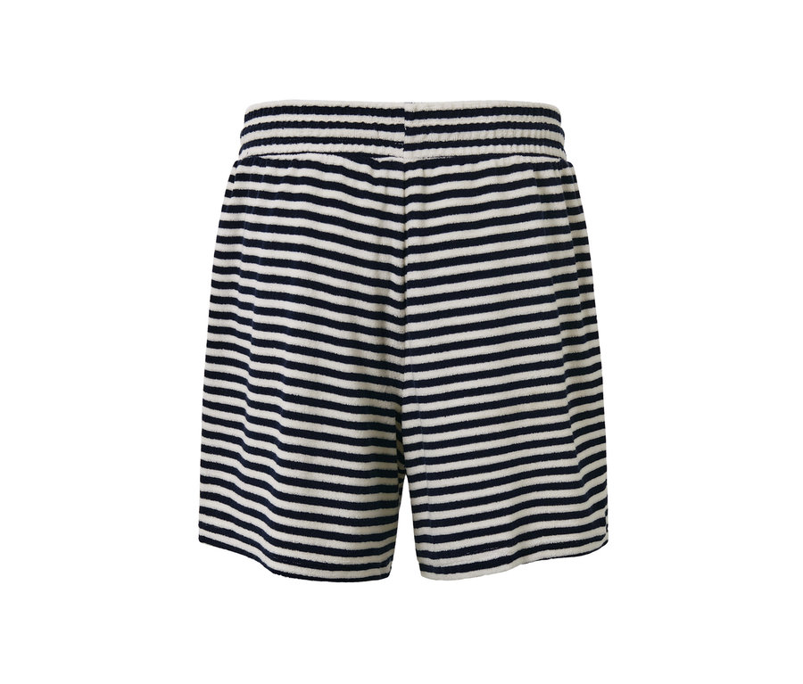 Rückansicht der gestreiften Frottiershorts in Marineblau und Weiß.