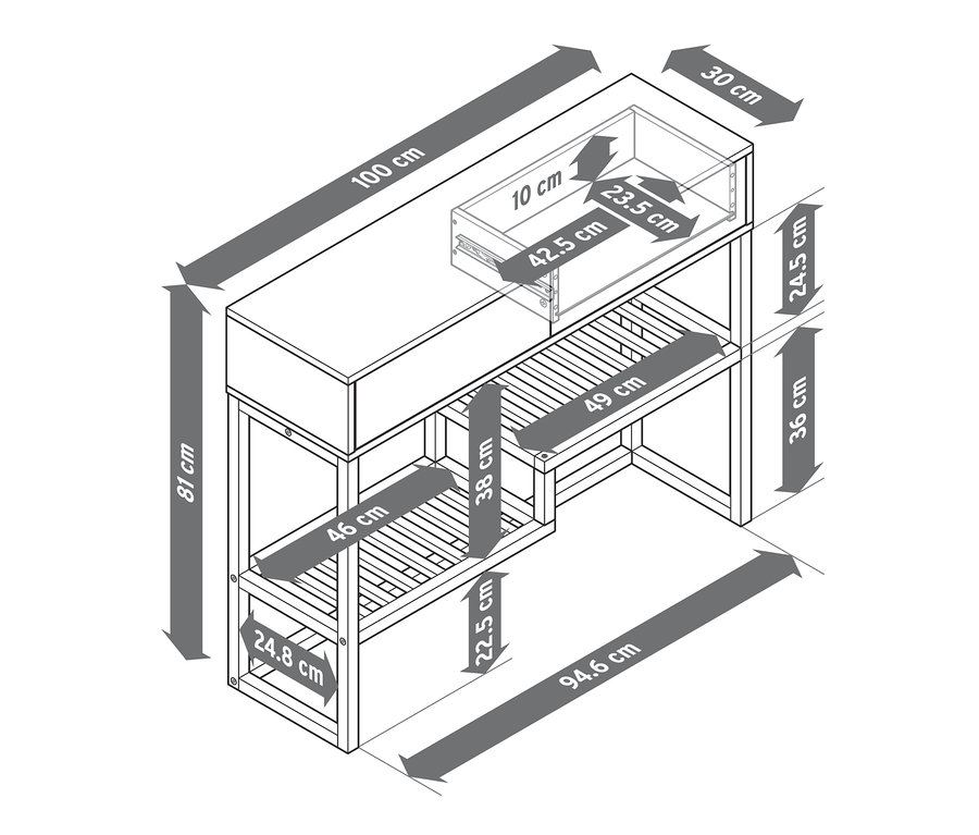 Schema einer Konsole mit Schubladen und Bemaßungen.