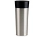 Ein silberner Coffee-to-go-Becher aus Edelstahl mit schwarzem Deckel.