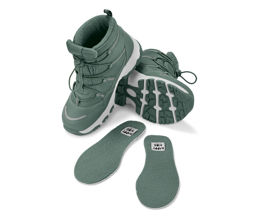 Grüne Kinder-Thermostiefel und Einlegesohlen.