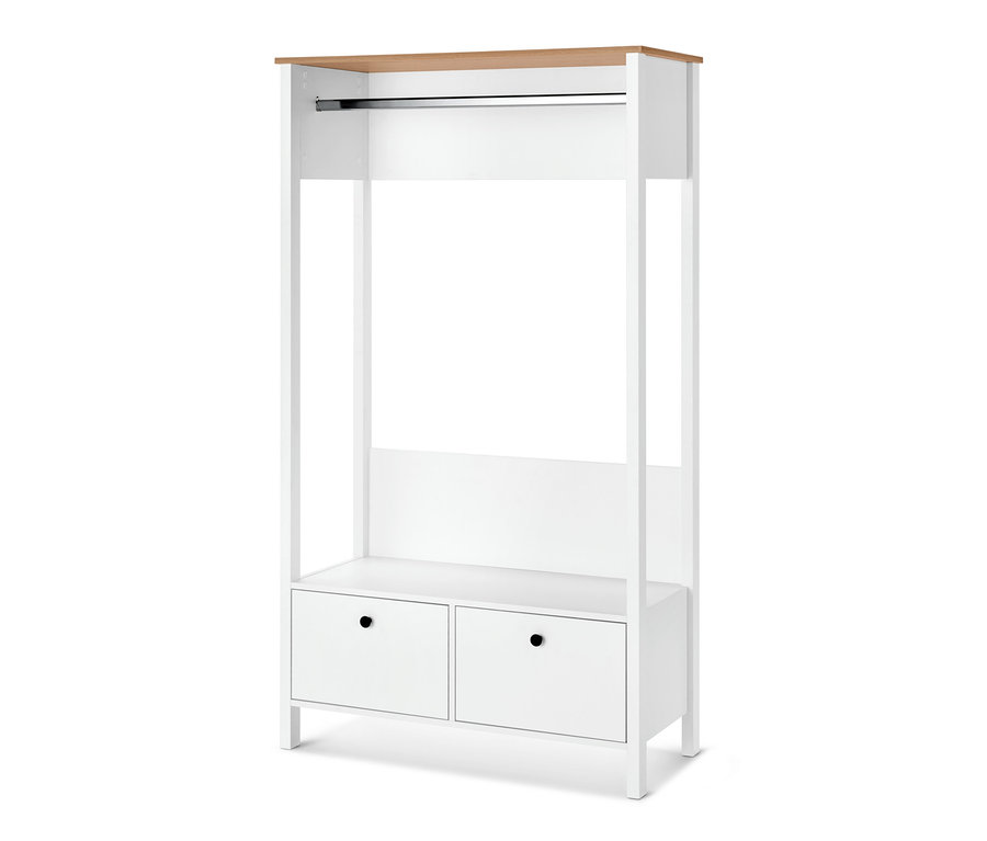 Weiße Garderobe mit großen Schubladen und einer hölzernen Oberseite.
