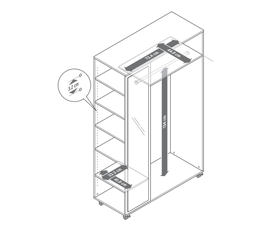 Skizze einer mobilen Spiegelschrank-Garderobe mit Abmessungen.