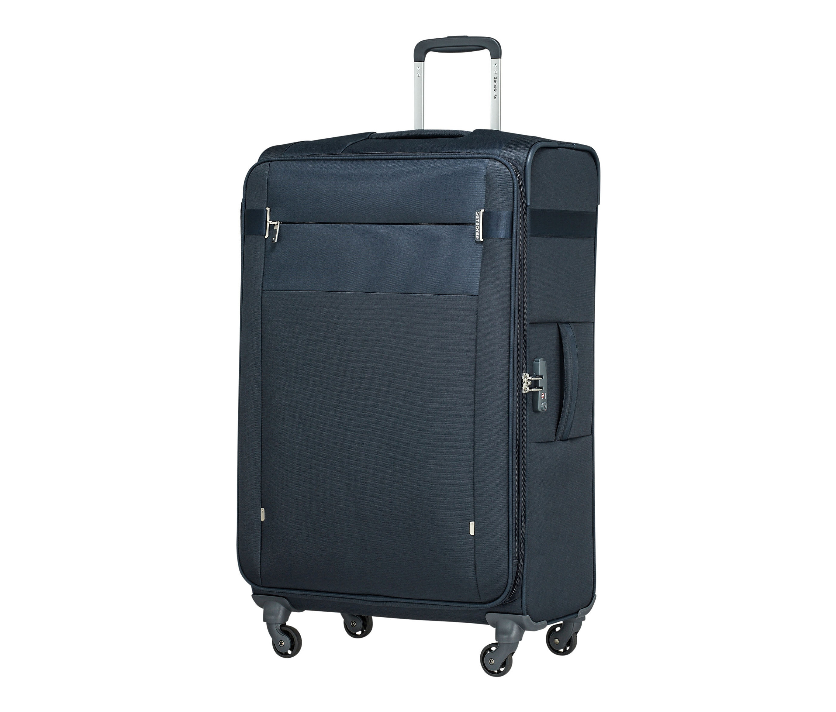 Ein großer, marineblauer Samsonite CITYBEAT SPINNER Trolley auf weißem Hintergrund.