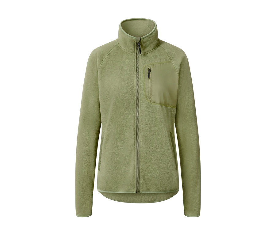 Grüne Fleecejacke mit Reißverschluss.