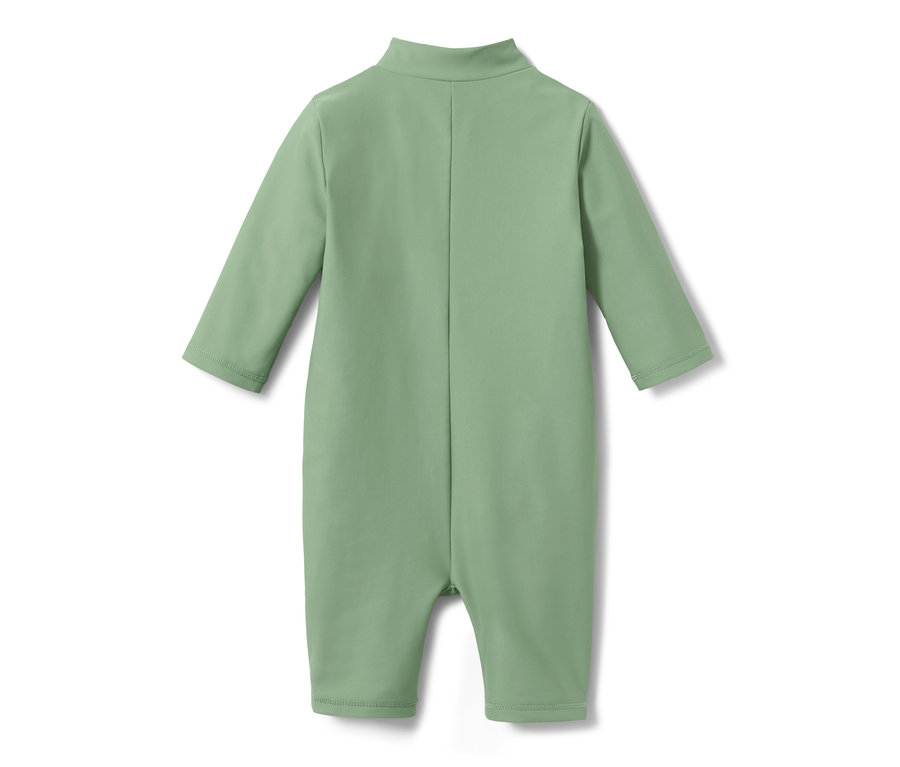Rückansicht eines hellgrünen Baby-Einteilers mit UV-Schutz 80.
