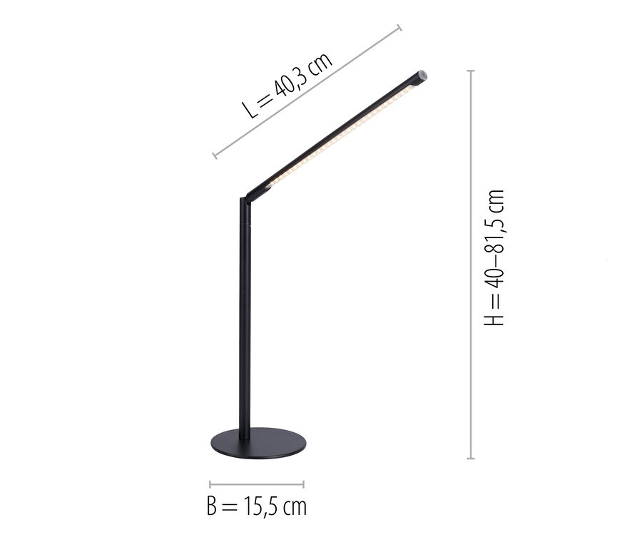 Abmessungen der schwarzen Tischleuchte »Dawda«: Länge 40,3 cm, Höhe 40–81,5 cm und Breite 15,5 cm.