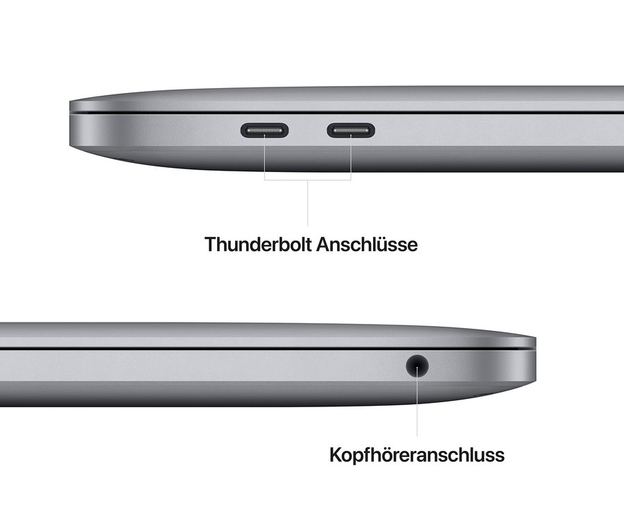 Detailansicht eines grauen Apple MacBook Pro 13" (2022) mit zwei Thunderbolt-Anschlüssen und Kopfhöreranschluss.